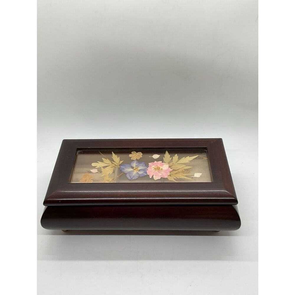 Vintage Bombay Company Floral Inlay Wooden Music Box - Plays Love story